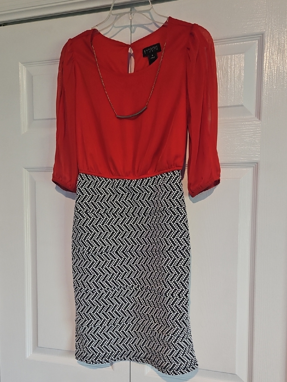 Red Blouse Dress  with Black & White Patterned Pencil Skirt Sheer Sleeves Like N